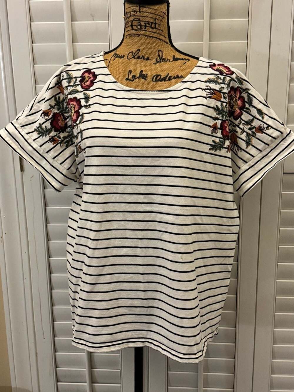Chico's Striped Floral Embroidered & Beaded Short Sleeve T-Shirt